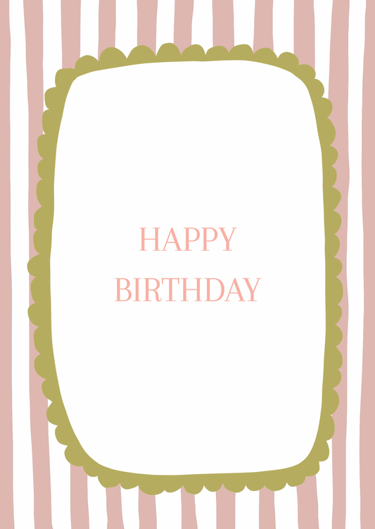 Kaart happy birthday kader en strepen roze-groen