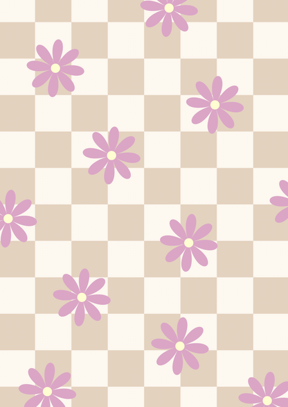 Kaart beige ruitjes met lila bloem