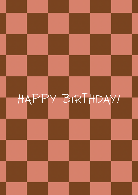 Kaart happy birthday ruitjes bruin-roze