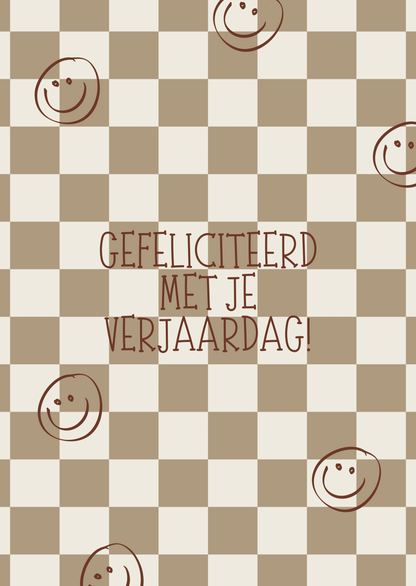Kaart gefeliciteerd ruitjes smileys