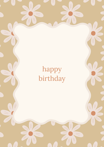 Kaart happy birthday beige bloemen met kader
