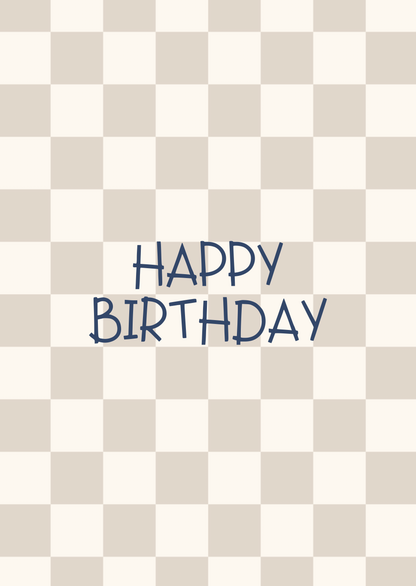 Kaart happy birthday ruitjes beige-blauw