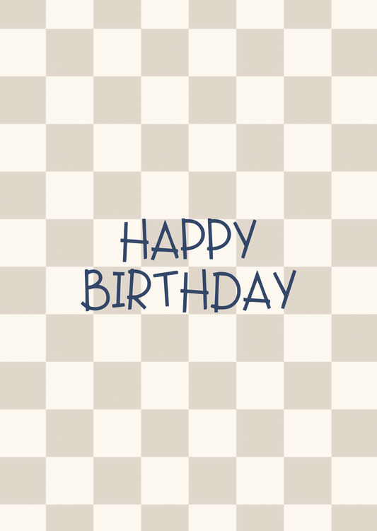 Kaart happy birthday ruitjes beige-blauw