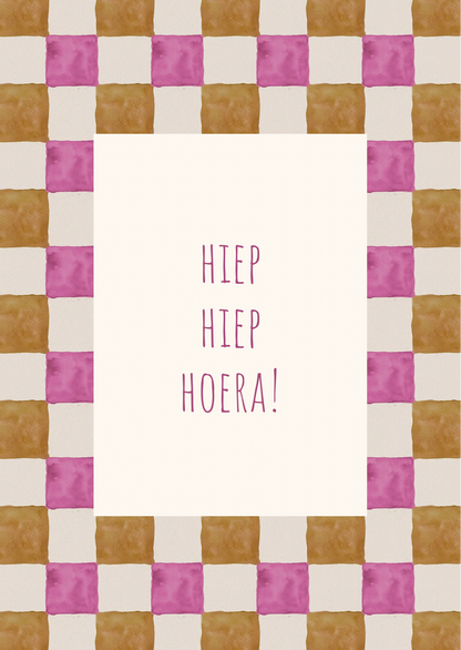 Kaart hiep hiep hoera ruitjes groen-roze