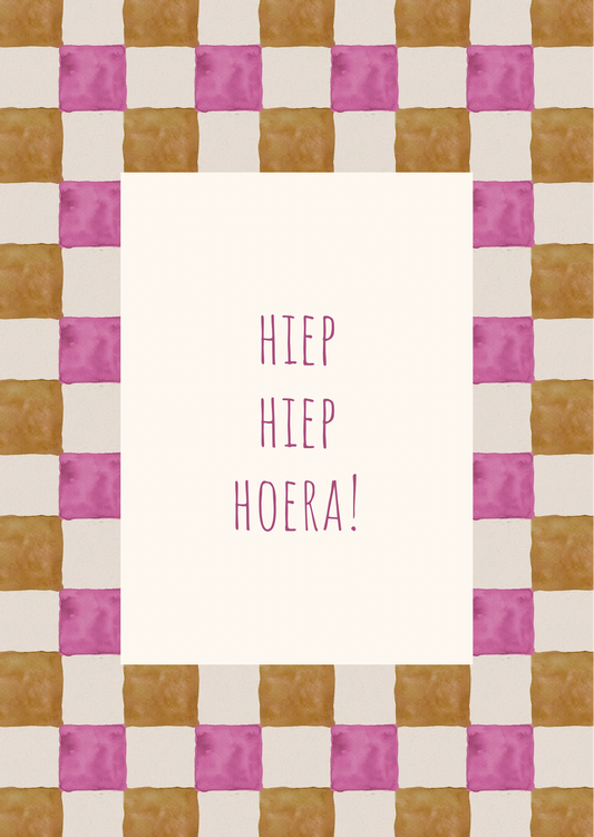 Kaart hiep hiep hoera ruitjes groen-roze